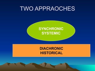 TWO APPRAOCHES
SYNCHRONIC
SYSTEMIC
DIACHRONIC
HISTORICAL
 