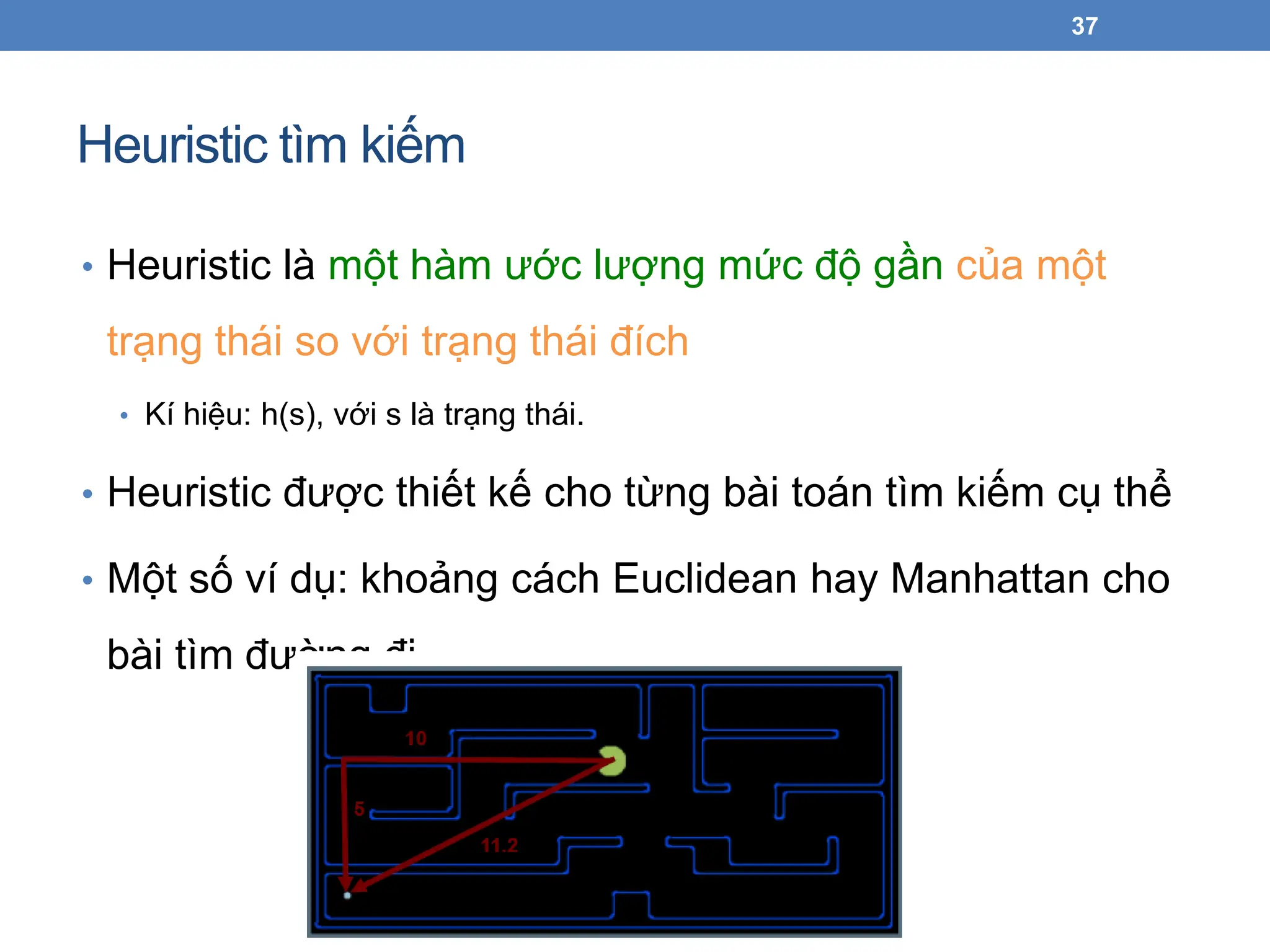Heuristic tìm kiếm
37
• Heuristic là một hàm ước lượng mức độ gần của một
trạng thái so với trạng thái đích
• Kí hiệu: h(s), với s là trạng thái.
• Heuristic được thiết kế cho từng bài toán tìm kiếm cụ thể
• Một số ví dụ: khoảng cách Euclidean hay Manhattan cho
bài tìm đường đi
 
