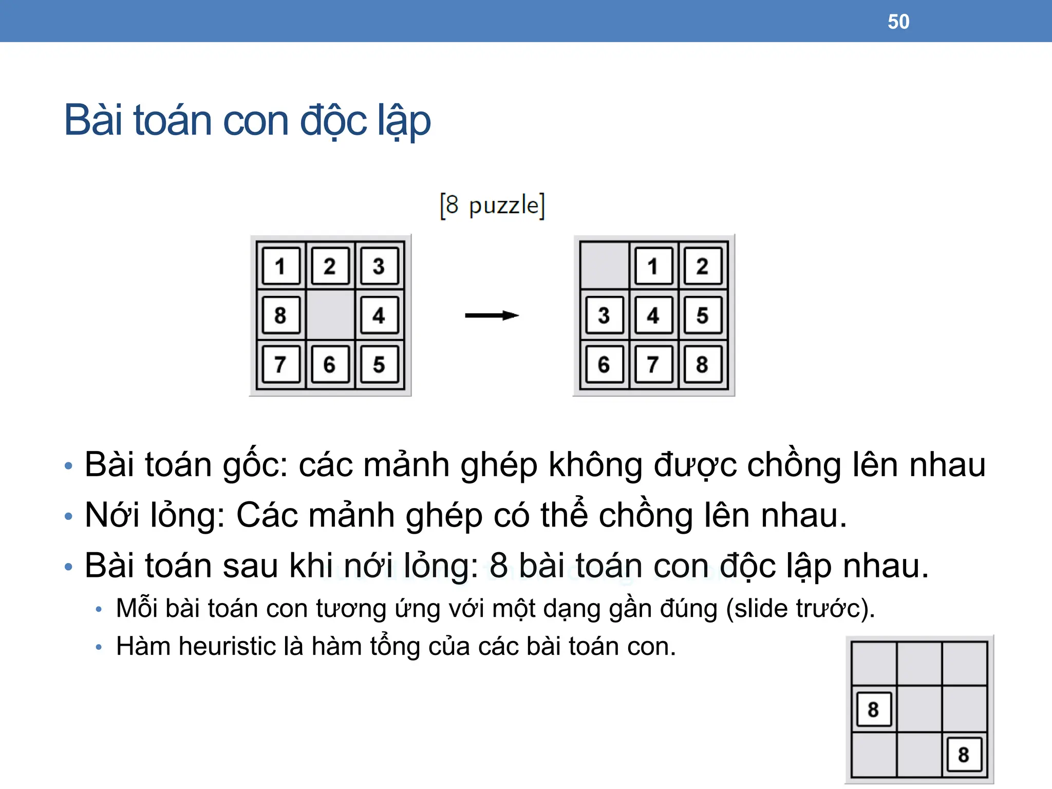Bài toán con độc lập
• Bài toán gốc: các mảnh ghép không được chồng lên nhau
• Nới lỏng: Các mảnh ghép có thể chồng lên nhau.
• Bài toán sau khi nới lỏng: 8 bài toán con độc lập nhau.
• Mỗi bài toán con tương ứng với một dạng gần đúng (slide trước).
• Hàm heuristic là hàm tổng của các bài toán con.
50
 