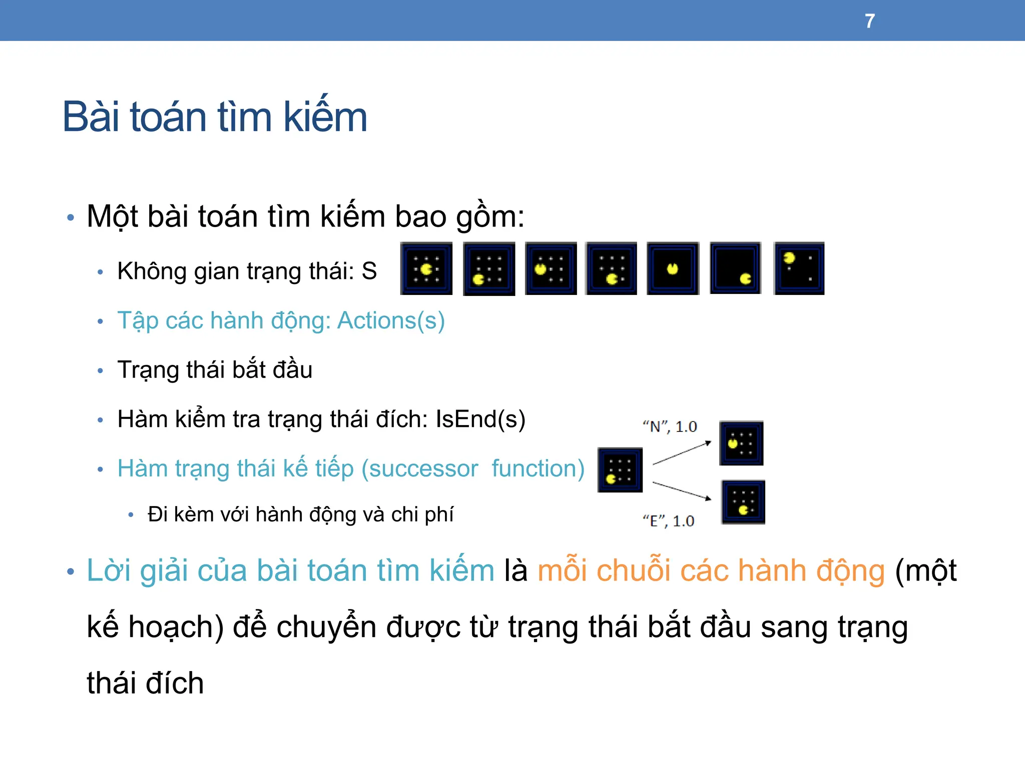 Bài toán tìm kiếm
7
• Một bài toán tìm kiếm bao gồm:
• Không gian trạng thái: S
• Tập các hành động: Actions(s)
• Trạng thái bắt đầu
• Hàm kiểm tra trạng thái đích: IsEnd(s)
• Hàm trạng thái kế tiếp (successor function)
• Đi kèm với hành động và chi phí
• Lời giải của bài toán tìm kiếm là mỗi chuỗi các hành động (một
kế hoạch) để chuyển được từ trạng thái bắt đầu sang trạng
thái đích
 
