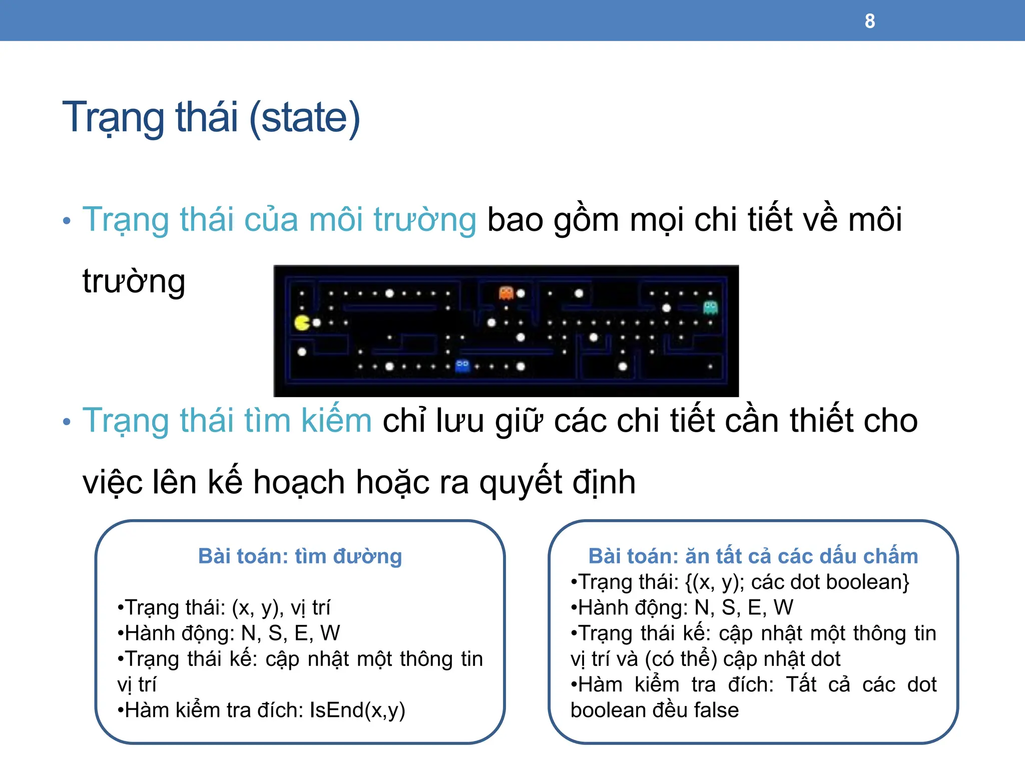 Trạng thái (state)
• Trạng thái của môi trường bao gồm mọi chi tiết về môi
trường
• Trạng thái tìm kiếm chỉ lưu giữ các chi tiết cần thiết cho
việc lên kế hoạch hoặc ra quyết định
8
Bài toán: tìm đường
•Trạng thái: (x, y), vị trí
•Hành động: N, S, E, W
•Trạng thái kế: cập nhật một thông tin
vị trí
•Hàm kiểm tra đích: IsEnd(x,y)
Bài toán: ăn tất cả các dấu chấm
•Trạng thái: {(x, y); các dot boolean}
•Hành động: N, S, E, W
•Trạng thái kế: cập nhật một thông tin
vị trí và (có thể) cập nhật dot
•Hàm kiểm tra đích: Tất cả các dot
boolean đều false
 