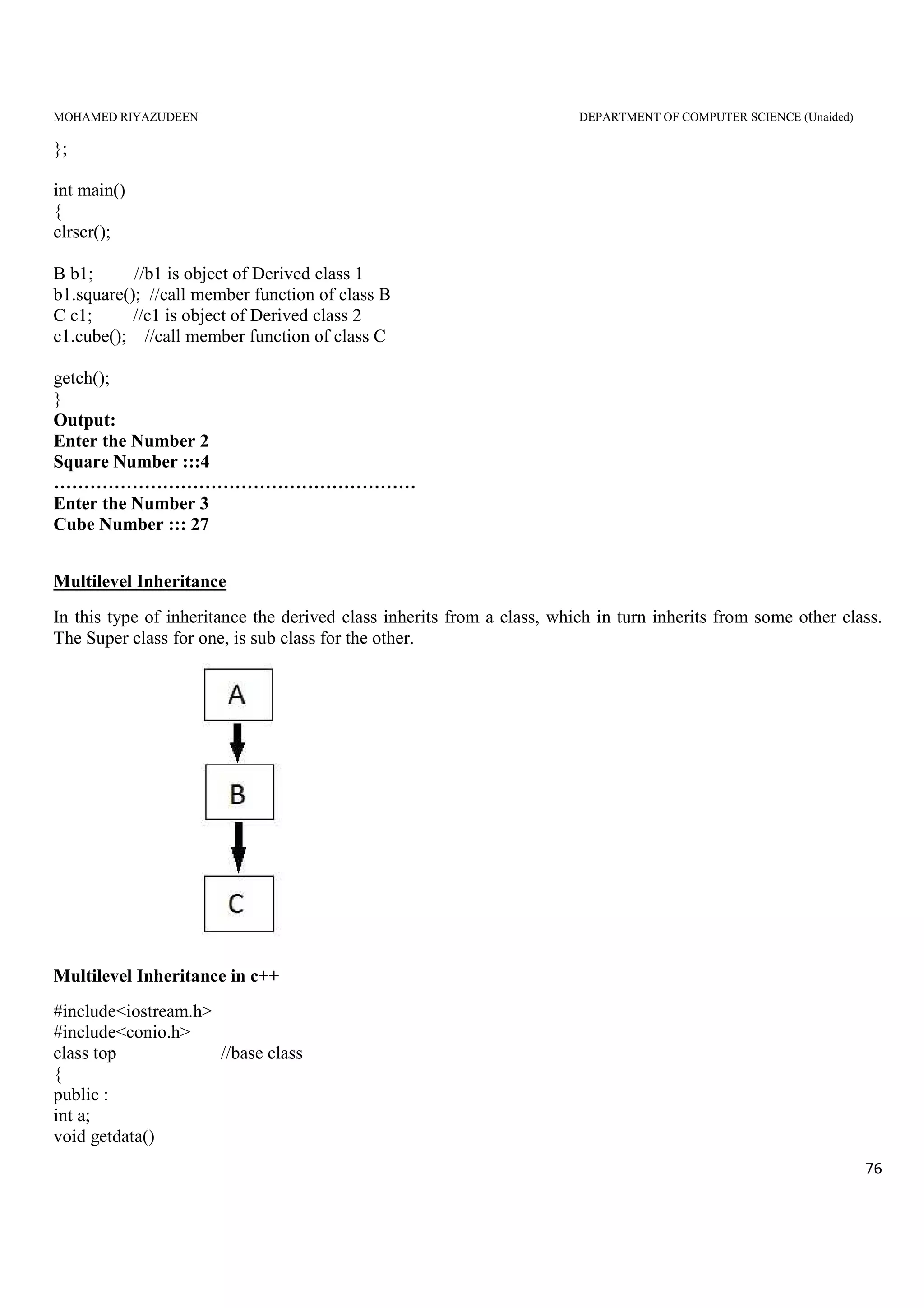 MOHAMED RIYAZUDEEN DEPARTMENT OF COMPUTER SCIENCE (Unaided)
76
};
int main()
{
clrscr();
B b1; //b1 is object of Derived class 1
b1.square(); //call member function of class B
C c1; //c1 is object of Derived class 2
c1.cube(); //call member function of class C
getch();
}
Output:
Enter the Number 2
Square Number :::4
……………………………………………………
Enter the Number 3
Cube Number ::: 27
Multilevel Inheritance
In this type of inheritance the derived class inherits from a class, which in turn inherits from some other class.
The Super class for one, is sub class for the other.
Multilevel Inheritance in c++
#include<iostream.h>
#include<conio.h>
class top //base class
{
public :
int a;
void getdata()
 