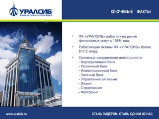 КЛЮЧЕВЫЕ ФАКТЫ




                    ФК «УРАЛСИБ» работает на рынке
                     финансовых услуг с 1988 года.
                    Работающие активы ФК «УРАЛСИБ» более
                     $17,2 млрд.
                    Основные направления деятельности:
                     - Корпоративный банк
                     - Розничный банк
                     - Инвестиционный банк
                     - Частный банк
                     - Управление активами
                     - Лизинг
                     - Страхование
                     - Факторинг




www.uralsib.ru             СТАНЬ ЛИДЕРОМ, СТАНЬ ОДНИМ ИЗ НАС
 