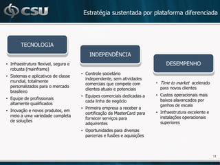Estratégia sustentada por plataforma diferenciada




        TECNOLOGIA
                                          INDEPENDÊNCIA
• Infraestrutura flexível, segura e                                            DESEMPENHO
  robusta (mainframe)
                                      • Controle societário
• Sistemas e aplicativos de classe
                                        independente, sem atividades
  mundial, totalmente                                                     • Time to market acelerado
                                        comerciais que compete com
  personalizados para o mercado                                             para novos clientes
                                        clientes atuais e potenciais
  brasileiro
                                      • Equipes comerciais dedicadas a    • Custos operacionais mais
• Equipe de profissionais                                                   baixos alavancados por
                                        cada linha de negócio
  altamente qualificados                                                    ganhos de escala
                                      • Primeira empresa a receber a
• Inovação e novos produtos, em                                           • Infraestrutura excelente e
                                        certificação da MasterCard para
  meio a uma variedade completa                                             instalações operacionais
                                        fornecer serviços para
  de soluções                                                               superiores
                                        adquirentes
                                      • Oportunidades para diversas
                                        parcerias e fusões e aquisições



                                                                                                         11
 