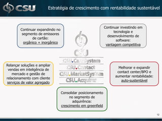 Estratégia de crescimento com rentabilidade sustentável



                                                              Continuar investindo em
        Continuar expandindo no
                                                                    tecnologia e
         segmento de emissores
                                                                desenvolvimento de
               de cartão:
                                                                      software:
          orgânico + inorgânico
                                                               vantagem competitiva




Relançar soluções e ampliar
                                                                      Melhorar e expandir
 vendas em inteligência de
                                                                     contact center/BPO e
    mercado e gestão de
                                                                    aumentar rentabilidade:
relacionamento com cliente
                                                                       auto-sustentável
serviços de valor agregado

                                  Consolidar posicionamento
                                       no segmento de
                                         adquirência:
                                  crescimento em greenfield

                                                                                              12
 