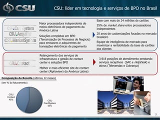 CSU: líder em tecnologia e serviços de BPO no Brasil

                                                                      Base com mais de 24 milhões de cartões
                           Maior processadora independente de
                                                                      55% de market share entre processadoras
                           meios eletrônicos de pagamento da
                                                                      independentes
                           América Latina
                                                                      20 anos de customizações focadas no mercado
                           Soluções completas em BPO                  brasileiro
                           (Terceirização de Processos de Negócio)
                           para emissores e adquirentes de            Equipe de inteligência de mercado para
                           transações eletrônicas de pagamento        maximizar a rentabilidade da base de cartões
                                                                      dos clientes

                            Relançamento dos serviços de
                            infraestrutura e gestão de contact         3.918 posições de atendimento prestando
                            center e soluções BPO                      serviços receptivos (SAC e HelpDesk) e
                                                                       ativos (Televendas e Cobrança)
                            Melhor e mais eficiente site de contact
                            center (Alphaview) da América Latina)

Composição da Receita (últimos 12 meses)
(em % do faturamento)



     CSU
    Contact
     45%                          CSU
                               CardSystem
                                  55%


                                                                                                                     2
 