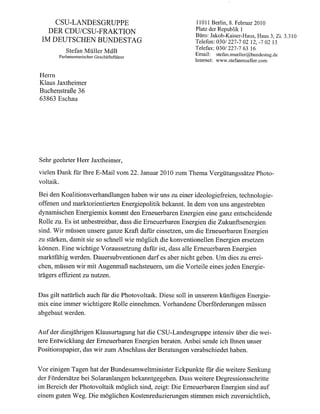CSU Landesgruppe Bundestag Stellungnahme Solarförderung 08 02 2010