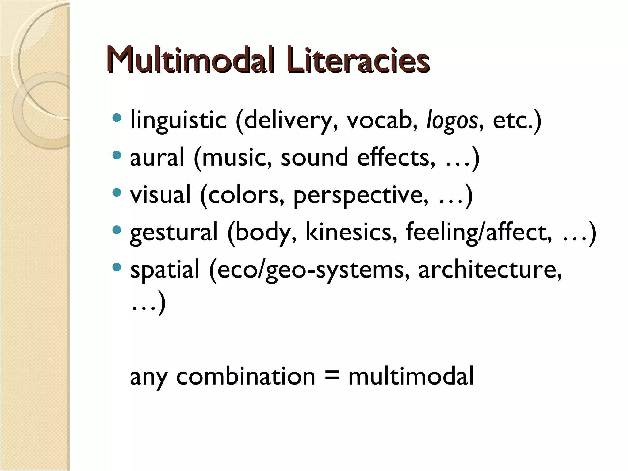 Multimodal Literacies linguistic (delivery, vocab,  logos , etc.) aural (music, sound effects, …) visual (colors, perspective, …) gestural (body, kinesics, feeling/affect, …) spatial (eco/geo-systems, architecture, …) any combination = multimodal 