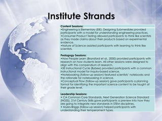Institute Strands
Content Sessions:
•Engineering is Elementary (EiE): Designing Submersibles provided
participants with a model for understanding engineering practices.
•Consumer Product Testing allowed participants to think like scientists
as they made claims about their products based on experimental
evidence.
•Nature of Science assisted participants with learning to think like
scientists.
Pedagogy Sessions:
•How People Learn (Bransford et al., 2000) provided participants with
research on how students learn. All other sessions were designed to
align with this compendium of research.
•5E Instructional Cycle (Bybee) provided participants with a common
instructional model for inquiry-based science.
•Notebooking (follow-up session) featured scientists’ notebooks and
the rationale for notebooking in science.
•Conceptual Flow (follow-up session) gave participants a planning
format for identifying the important science content to be taught at
their grade level.
Leadership Sessions:
• CA Common Core Standards, Next Generation Science Standard
(NGSS), 21st Century Skills gave participants a preview into how they
are going to integrate new standards in STEM disciplines.
• Myers-Briggs (follow-up session) helped participants with
understanding their temperament types.

 