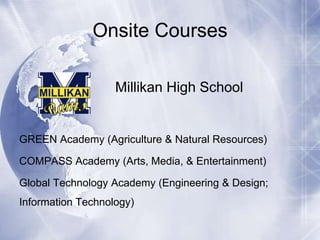 Onsite Courses
Millikan High School

GREEN Academy (Agriculture & Natural Resources)
COMPASS Academy (Arts, Media, & Entertainment)
Global Technology Academy (Engineering & Design;
Information Technology)

 