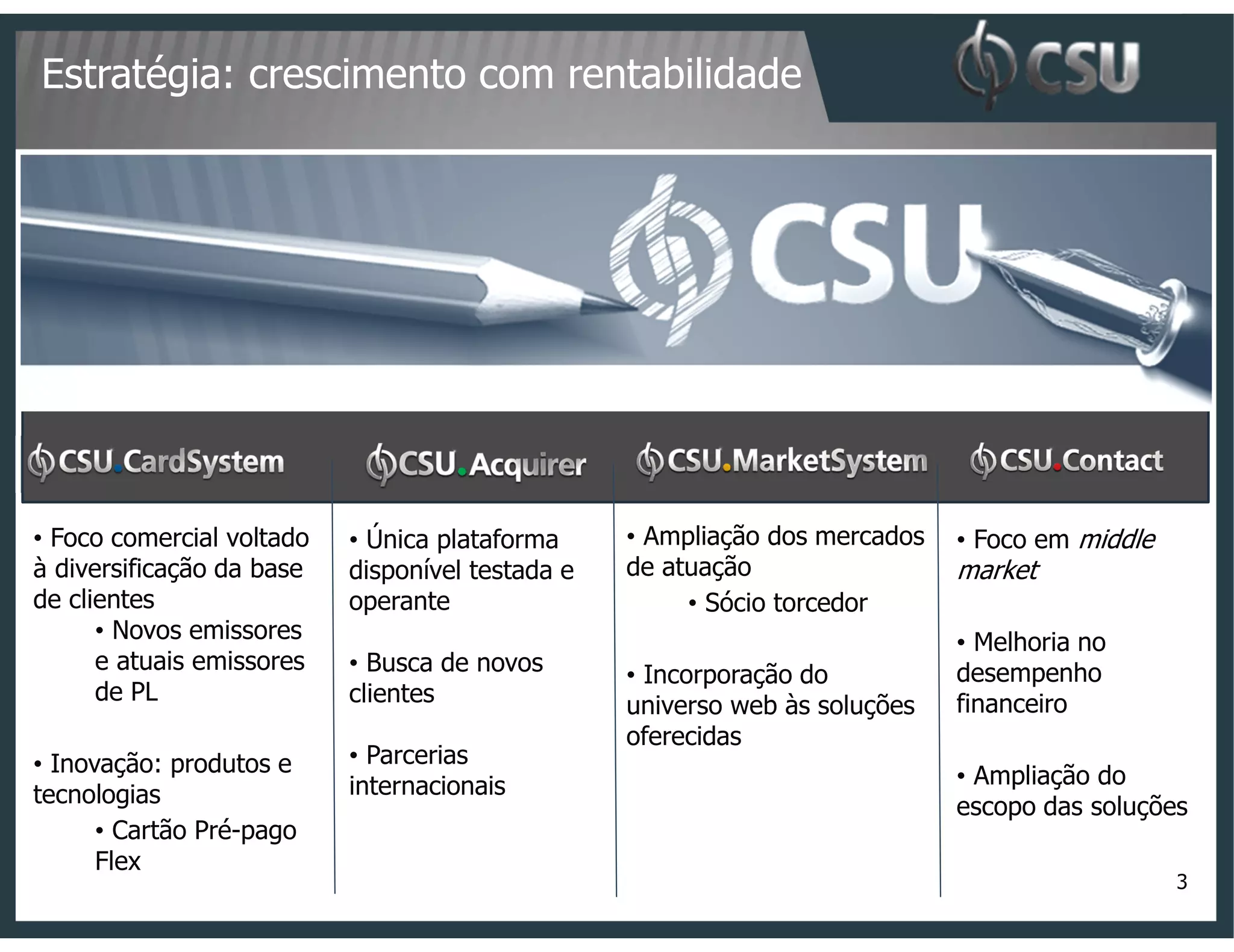 Estratégia: crescimento com rentabilidade




• Foco comercial voltado   • Única plataforma     • Ampliação dos mercados   • Foco em middle
à diversificação da base   disponível testada e   de atuação                 market
de clientes                operante                    • Sócio torcedor
      • Novos emissores                                                      • Melhoria no
      e atuais emissores   • Busca de novos       • Incorporação do          desempenho
      de PL                clientes                                          financeiro
                                                  universo web às soluções
                                                  oferecidas
• Inovação: produtos e     • Parcerias
                           internacionais                                    • Ampliação do
tecnologias                                                                  escopo das soluções
      • Cartão Pré-pago
      Flex
                                                                                                3
 