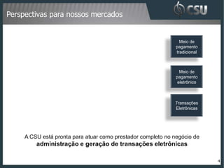 Perspectivas para nossos mercados


                                                                Meio de
                                                              pagamento
                                                              tradicional



                                                                Meio de
                                                              pagamento
                                                               eletrônico



                                                             Transações
                                                             Eletrônicas




     A CSU está pronta para atuar como prestador completo no negócio de
         administração e geração de transações eletrônicas

                                                                            4
 