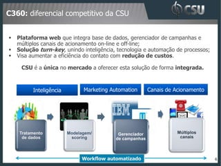 C360: diferencial competitivo da CSU


   Plataforma web que integra base de dados, gerenciador de campanhas e
    múltiplos canais de acionamento on-line e off-line;
   Solução turn-key, unindo inteligência, tecnologia e automação de processos;
   Visa aumentar a eficiência do contato com redução de custos.

     CSU é a única no mercado a oferecer esta solução de forma integrada.



          Inteligência         Marketing Automation      Canais de Acionamento




    Tratamento           Modelagem/        Gerenciador              Múltiplos
     de dados             scoring         de campanhas               canais




                              Workflow automatizado                               6
 