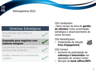 Retrospectiva 2012



                                     CSU CardSystem
                                     • Novo escopo da área de gestão
      Diretrizes Estratégicas        de clientes: maior proximidade
Diversificação das fontes de         estratégica e desenvolvimento de
receitas                             novos serviços;
                                     CSU MarketSystem
Expansão para negócios com
                                     • Implantação da solução
maiores margens
                                       Fans Engagement;
Lançamento de novos produtos e
serviços mais eficientes             CSU Contact
                                     • Aumento da participação de
Gestão criteriosa de investimentos     cobrança e televendas nas
e gastos                               operações de contact center;
                                     • Serviços de back-office/BPO.


                                                                        4
 