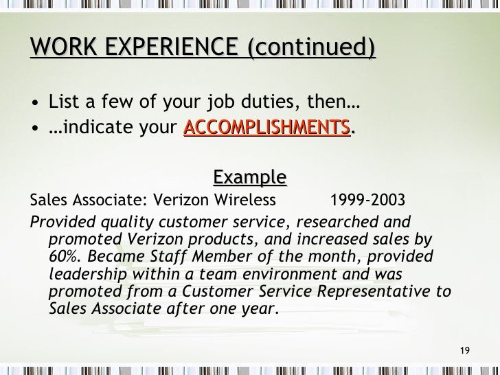 work experience resume sales associate