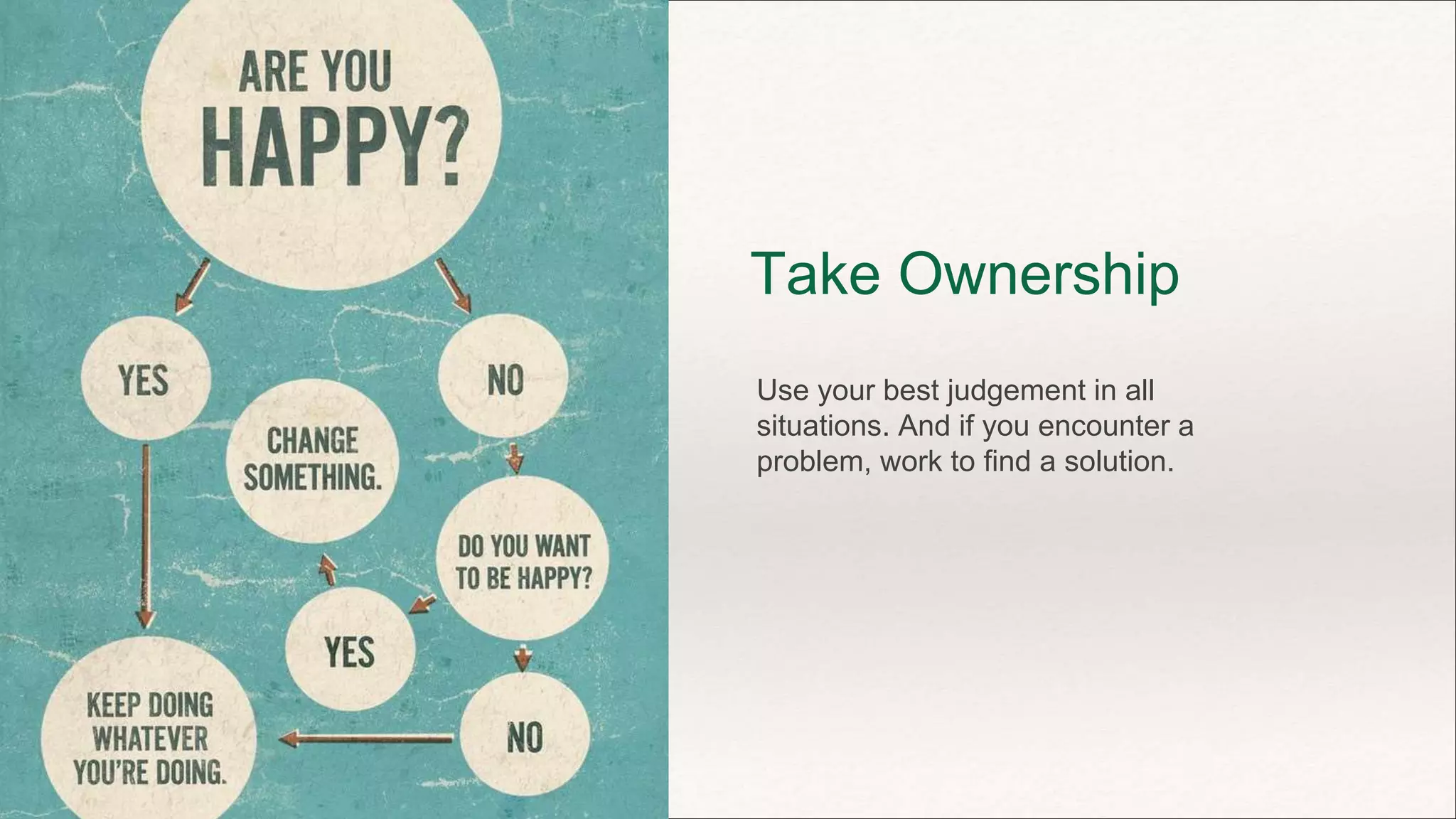 Take Ownership
Use your best judgement in all
situations. And if you encounter a
problem, work to find a solution.
 