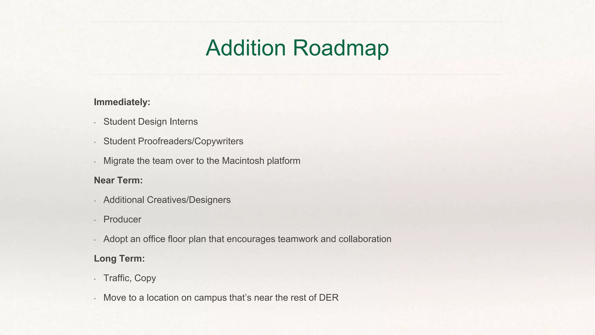 Addition Roadmap
Immediately:
• Student Design Interns
• Student Proofreaders/Copywriters
• Migrate the team over to the Macintosh platform
Near Term:
• Additional Creatives/Designers
• Producer
• Adopt an office floor plan that encourages teamwork and collaboration
Long Term:
• Traffic, Copy
• Move to a location on campus that’s near the rest of DER
 