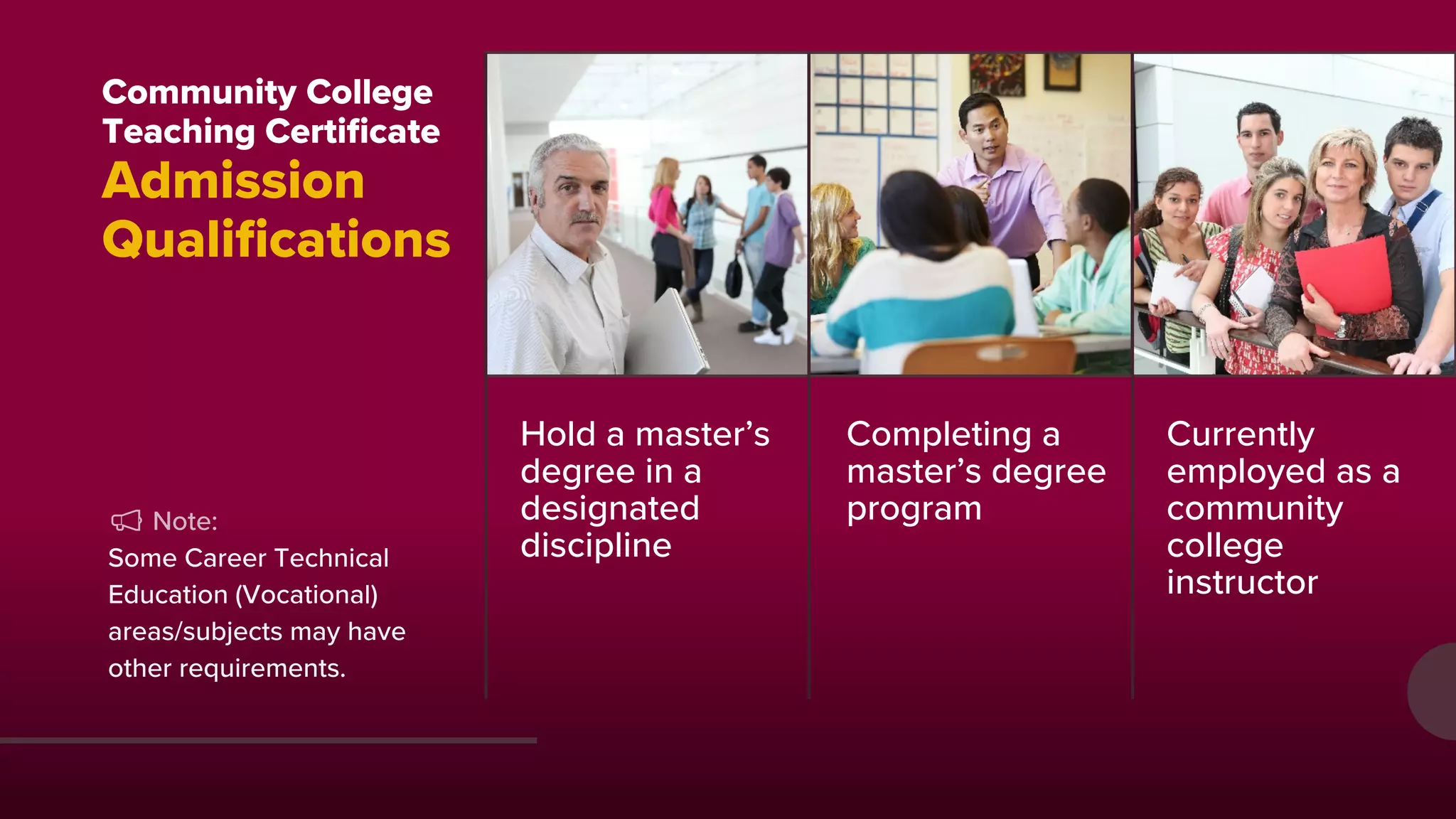 Community College
Teaching Certificate
Admission
Qualifications
📢📢 Note:
Some Career Technical
Education (Vocational)
areas/subjects may have
other requirements.
Hold a master’s Completing a Currently
degree in a master’s degree employed as a
designated program community
discipline college
instructor
 