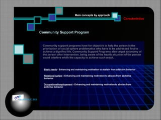 Community Support Program Caracteristics Main concepts by approach Community support programs have for objective to help the person in the priorisation of social sphere problematics who have to be addressed first to achieve a dignified life. Community Support Programs also target autonomy of the person after intervention, being aware of the health situation of the person could interfere whith the capacity to achieve such result. Basic needs  - Enhancing and maintaining motivation to abstain from addictive behavior Occupational/employement  - Enhancing and maintaining motivation to abstain from addictive behavior Relational sphere  - Enhancing and maintaining motivation to abstain from addictive behavior © HOIPHUC 2008 