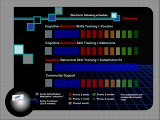 Cognitive  Behavioral  Skills Training + Voucher Cognitive  Behavioral  Skill Training + Naltrexone Cognitive  Behavioral Skill Training   + Substitution Px Community Support Phone, 3 months Phone, 1 month Phone,2 month Phone, 6 months Active Treatment (3 to 6 months) Acute detoxification Medication  induction * Phone, 2 weeks For substitution and  antagonist program  only Following Electronic following schedule © HOIPHUC 2008 