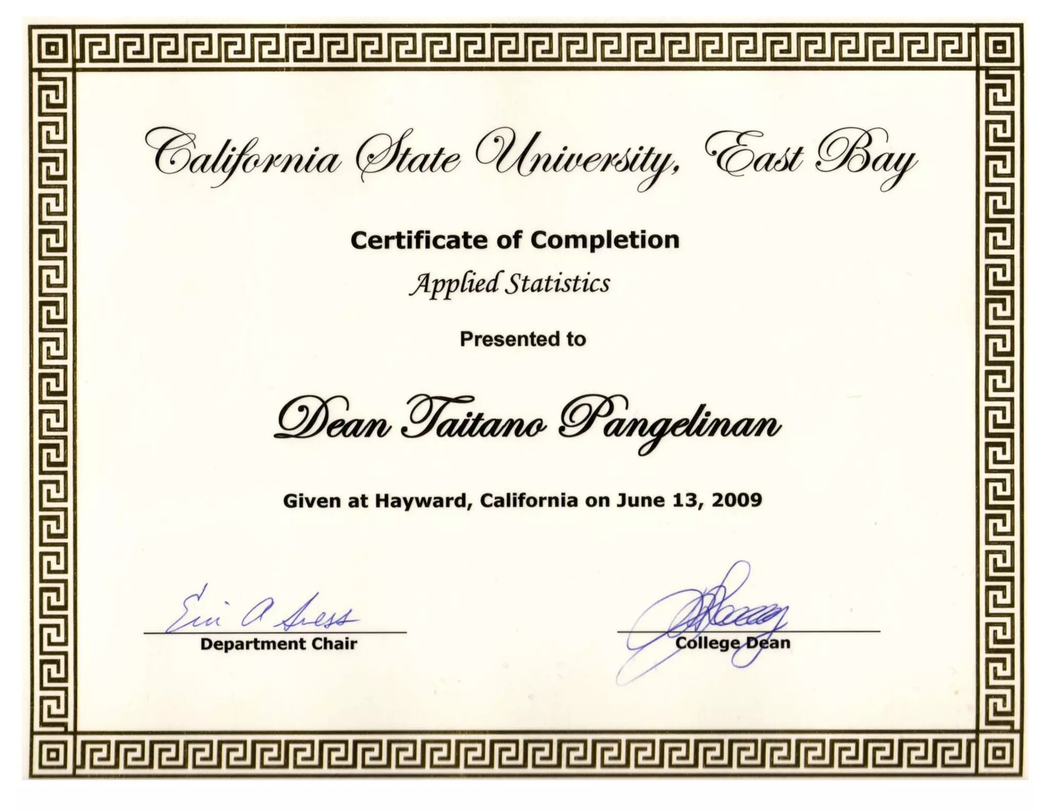 CSU East Bay Certificate of Completion Applied Statistics PPT