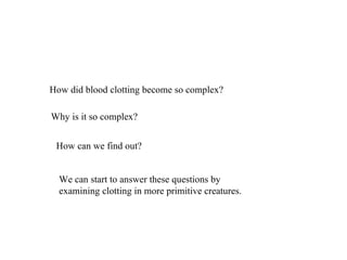 How did blood clotting become so complex? Why is it so complex? How can we find out? We can start to answer these questions by examining clotting in more primitive creatures. 