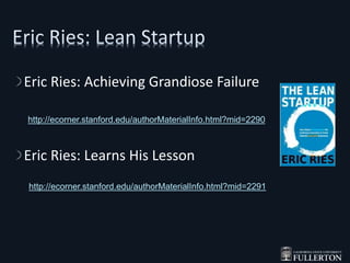 Eric Ries: Achieving Grandiose Failure
Eric Ries: Learns His Lesson
http://ecorner.stanford.edu/authorMaterialInfo.html?mid=2290
http://ecorner.stanford.edu/authorMaterialInfo.html?mid=2291
 