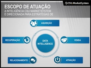 ESCOPO DE ATUAÇÃO
A INTELIGÊNCIA CSU MARKETSYSTEM
É DIRECIONADA PARA ESTRATÉGIAS DE

                        AQUISIÇÃO




RECUPERAÇÃO               DATA             VENDA
                      INTELLIGENCE




   RELACIONAMENTO                    ATIVAÇÃO
 