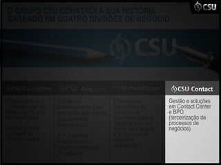 O GRUPO CSU CONSTRÓI A SUA HISTÓRIA
BASEADO EM QUATRO DIVISÕES DE NEGÓCIO




Processamento e     Gestão de              Provedora e            Gestão e soluções
Administração de    processamento para     integradora de         em Contact Center
Meios Eletrônicos   empresas adquirentes   soluções de            e BPO
de Pagamento        das bandeiras          marketing direto e     (terceirização de
                    internacionais         digital dirigido por   processos de
A maior e mais                             dados para ações       negócios)
completa da         A 1ª empresa           e programas de
América Latina      independente a         customer
                    operar no mercado      engagement
                    de acquirer
 