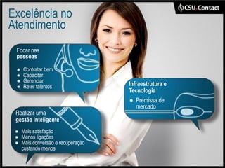 Excelência no
Atendimento
 Focar nas
 pessoas

 ●   Contratar bem
 ●   Capacitar
 ●   Gerenciar
 ●   Reter talentos               Infraestrutura e
                                  Tecnologia
                                  ● Premissa de
                                    mercado
 Realizar uma
 gestão inteligente
 ● Mais satisfação
 ● Menos ligações
 ● Mais conversão e recuperação
   custando menos
 