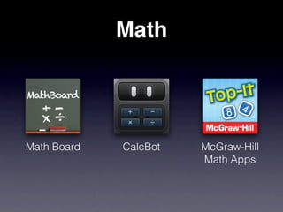 Math




Math Board   CalcBot   McGraw-Hill
                       Math Apps
 
