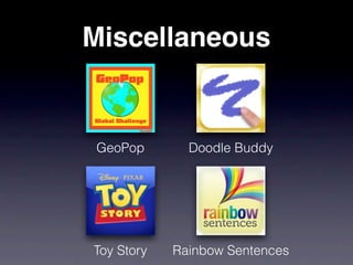 Miscellaneous


GeoPop        Doodle Buddy




Toy Story   Rainbow Sentences
 