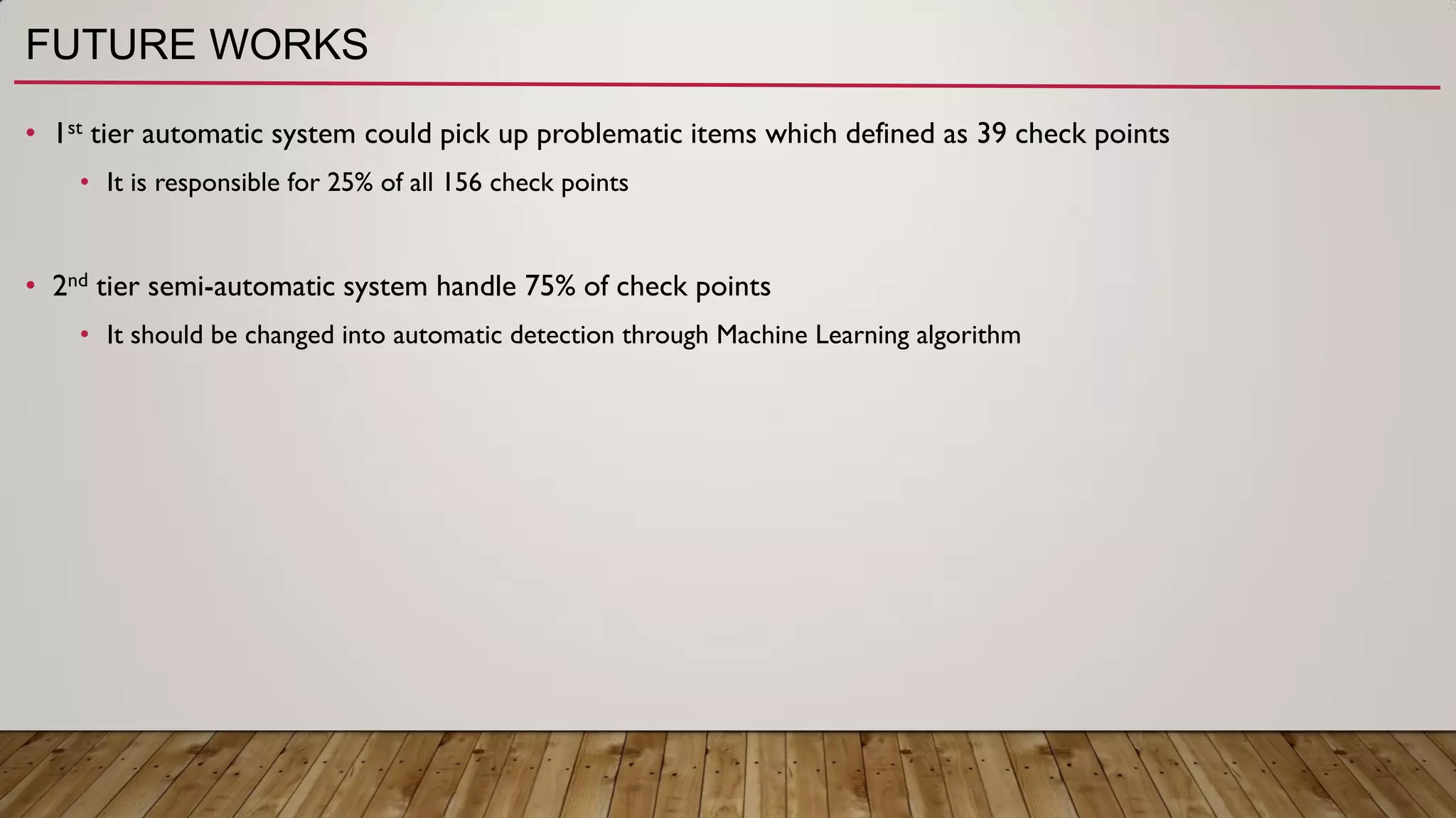 FUTURE WORKS
• 1st tier automatic system could pick up problematic items which defined as 39 check points
• It is responsible for 25% of all 156 check points
• 2nd tier semi-automatic system handle 75% of check points
• It should be changed into automatic detection through Machine Learning algorithm
 