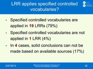 LRR applies specified controlled
             vocabularies?

•   Specified controlled vocabularies are
    applied in 19 L...