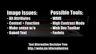 Possible Tools:
• WAVE
• High Contrast Mode
• Web Dev Toolbar
• Favlets
Image Issues:
• Alt Attributes
• Context + Function
• Make sense w/o
• Baked Text
Text Alternative Decision Tree
http://weba.im/alternativetree
 