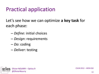 Practical application
Let’s see how we can optimize a key task for
each phase:
  – Define: initial choices
  – Design: req...