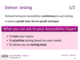 Deliver: testing                                                   1/2
 Technical testing for Accessibility is preliminary...