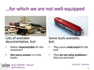 …for which we are not well-equipped




Lots of available                 Some tools available,
documentation, but:       ...