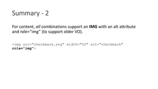For content, all combinations support an IMG with an alt attribute
and role=“img” (to support older VO).
<img src="checkmark.svg" width="50" alt="checkmark"
role="img">
Summary - 2
 