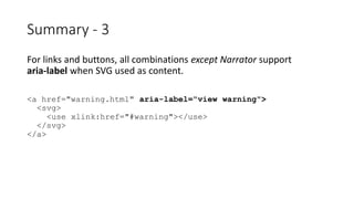 For links and buttons, all combinations except Narrator support
aria-label when SVG used as content.
<a href="warning.html" aria-label="view warning">
<svg>
<use xlink:href="#warning"></use>
</svg>
</a>
Summary - 3
 