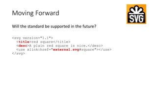 Will the standard be supported in the future?
<svg version="1.1">
<title>red square</title>
<desc>A plain red square is nice.</desc>
<use xlink:href="external.svg#square"></use>
</svg>
Moving Forward
 