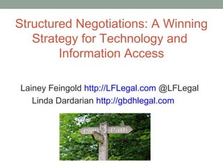 Structured Negotiations: A Winning
   Strategy for Technology and
        Information Access

Lainey Feingold http://LFLegal.com @LFLegal
   Linda Dardarian http://gbdhlegal.com
 