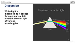 © Copyright IBM Corporation 2017
Dispersion
White light is
dispersed as it passes
through a prism into
different colored light
of varying
wavelengths.
9
 