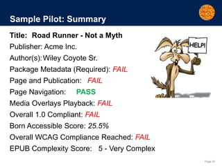 Page 20
Sample Pilot: Summary
Title: Road Runner - Not a Myth
Publisher: Acme Inc.
Author(s):Wiley Coyote Sr.
Package Metadata (Required): FAIL
Page and Publication: FAIL
Page Navigation: PASS
Media Overlays Playback: FAIL
Overall 1.0 Compliant: FAIL
Born Accessible Score: 25.5%
Overall WCAG Compliance Reached: FAIL
EPUB Complexity Score: 5 - Very Complex
 