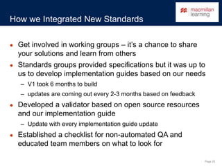 Page 25
How we Integrated New Standards
● Get involved in working groups – it’s a chance to share
your solutions and learn from others
● Standards groups provided specifications but it was up to
us to develop implementation guides based on our needs
– V1 took 6 months to build
– updates are coming out every 2-3 months based on feedback
● Developed a validator based on open source resources
and our implementation guide
– Update with every implementation guide update
● Established a checklist for non-automated QA and
educated team members on what to look for
 