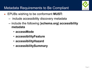 Page 9
Metadata Requirements to Be Compliant
● EPUBs wishing to be conformant MUST:
– include accessibility discovery metadata
– include the following [schema.org] accessibility
metadata
• accessMode
• accessibilityFeature
• accessibilityHazard
• accessibilitySummary
 