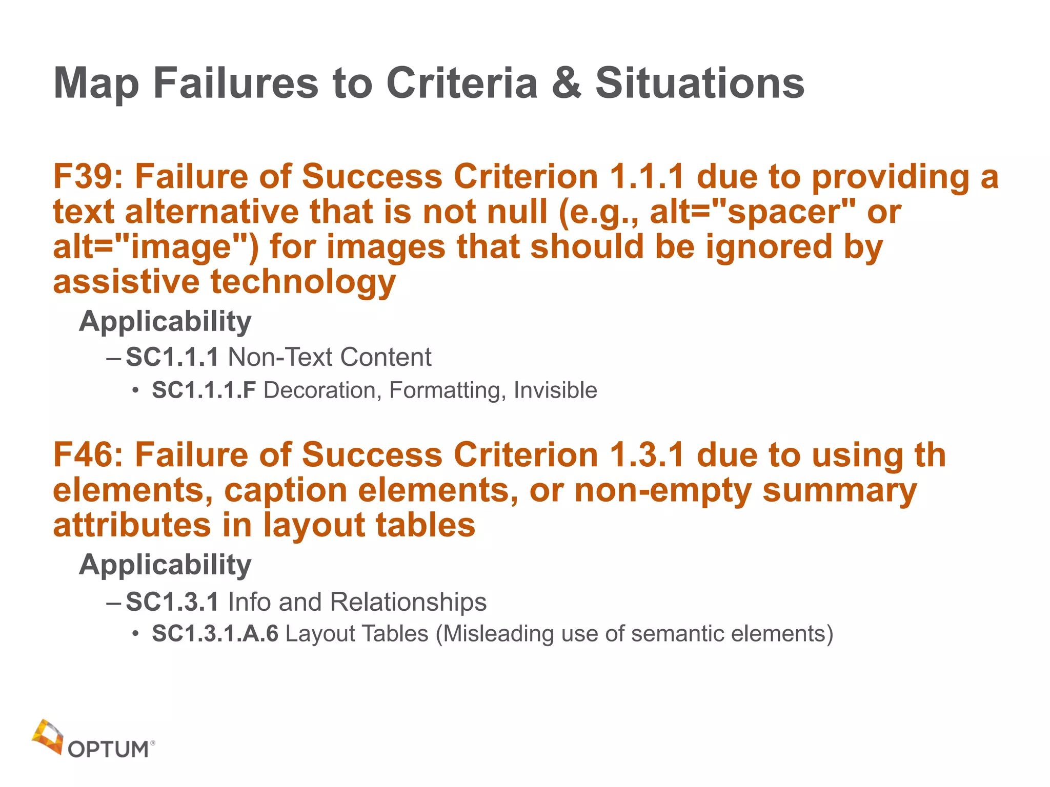 Map Failures to Criteria & Situations
F39: Failure of Success Criterion 1.1.1 due to providing a
text alternative that is not null (e.g., alt="spacer" or
alt="image") for images that should be ignored by
assistive technology
Applicability
– SC1.1.1 Non-Text Content
• SC1.1.1.F Decoration, Formatting, Invisible
F46: Failure of Success Criterion 1.3.1 due to using th
elements, caption elements, or non-empty summary
attributes in layout tables
Applicability
– SC1.3.1 Info and Relationships
• SC1.3.1.A.6 Layout Tables (Misleading use of semantic elements)
 