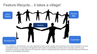 Feature lifecycle... it takes a village!
For updates or new features, our user experience team works closely with customers and internal experts to ensure
accessible design. Our product management team makes accessibility a priority when consulting with the user
experience group to make decisions on features, while our engineering team strives to correctly implement features
based on accessibility standards.
Feature
UX &
Testing
Product
Mgt.
Development
Customers
 