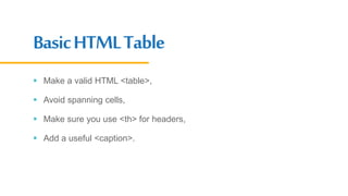 BasicHTMLTable
 Make a valid HTML <table>,
 Avoid spanning cells,
 Make sure you use <th> for headers,
 Add a useful <...