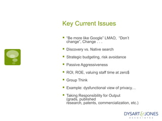 Key Current Issues

   “Be more like Google” LMAO, “Don‟t
    change”, Change . . .

   Discovery vs. Native search

   Strategic budgeting, risk avoidance

   Passive Aggressiveness

   ROI, ROE, valuing staff time at zero$

   Group Think

   Example: dysfunctional view of privacy…

   Taking Responsibility for Output
    (grads, published
    research, patents, commercialization, etc.)
 